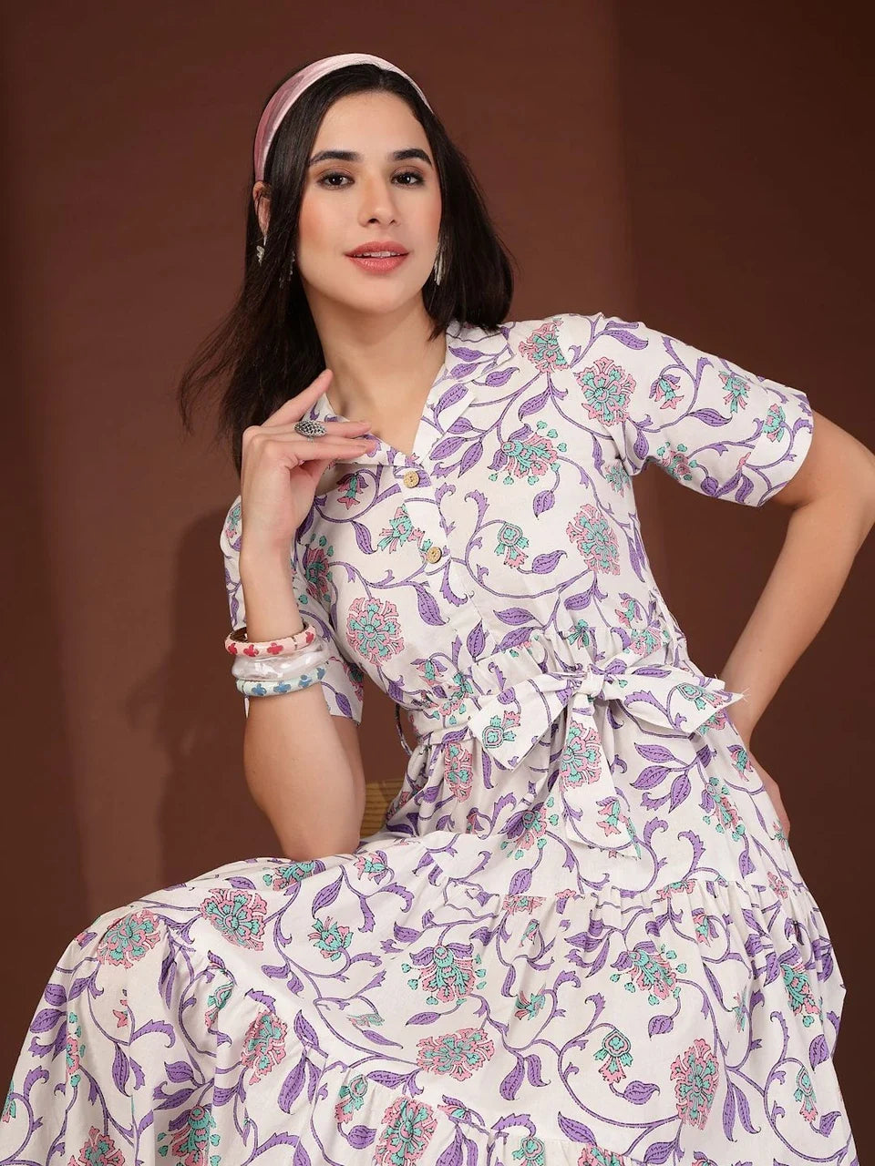 Purple Bloom Belted Fit & Flare Midi Dress