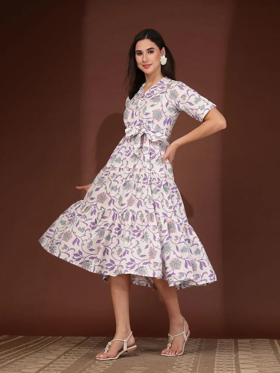 Purple Bloom Belted Fit & Flare Midi Dress