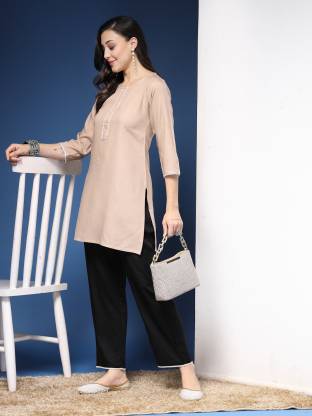 Beige Solid Straight Kurta