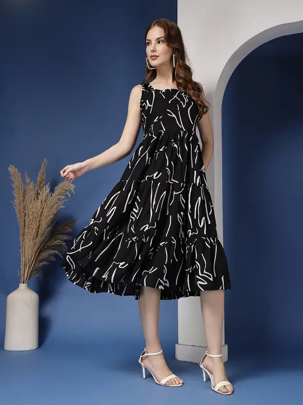 Black Aura Abstract Flare Midi Dress
