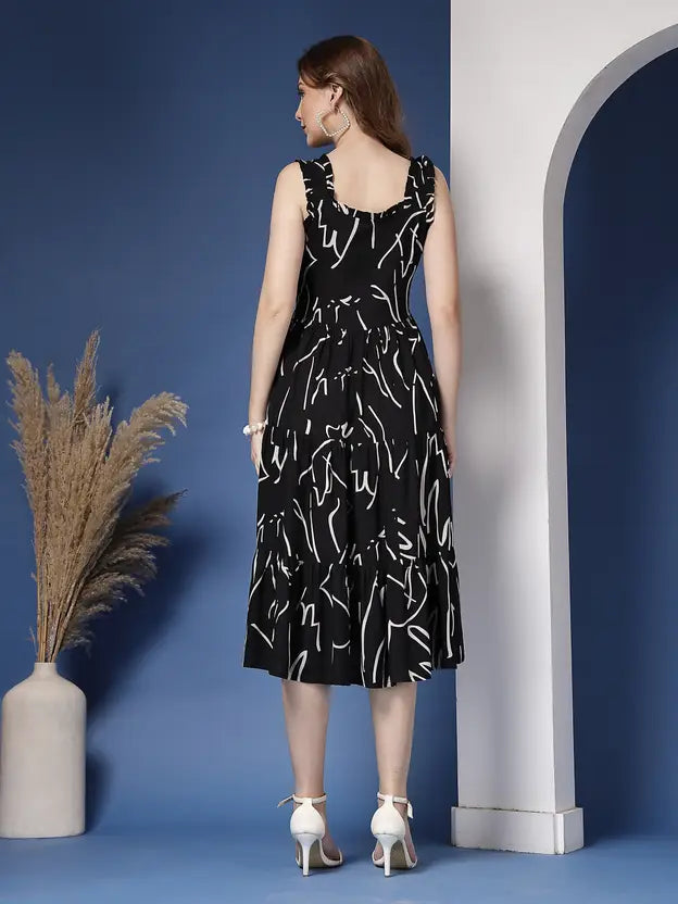 Black Aura Abstract Flare Midi Dress