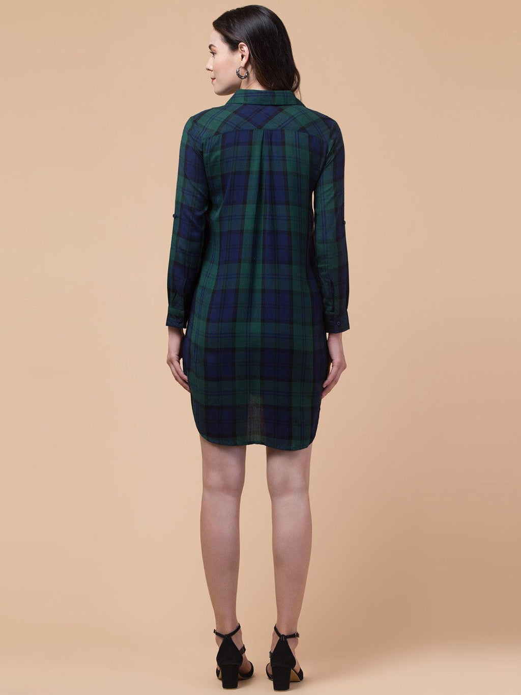 Green and Blue Checked Shirt Dress