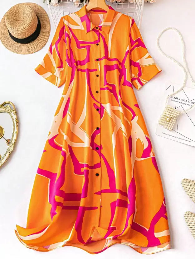 Vibrant Orange Printed A-Line Shirt Dress