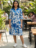 Blue Minimal Tropical Print Shirt Dress