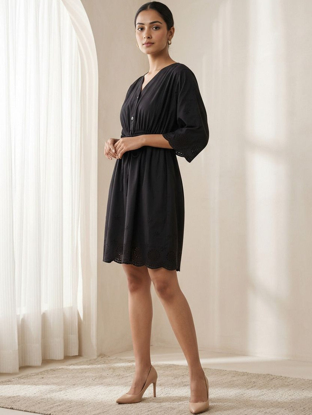 Chic Black Self Design A-Line Mini Dress