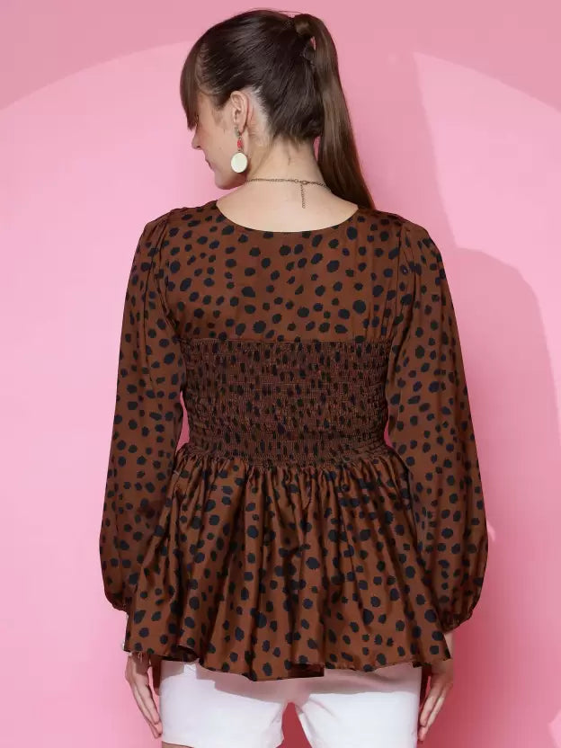 Brown Printed Peplum Top