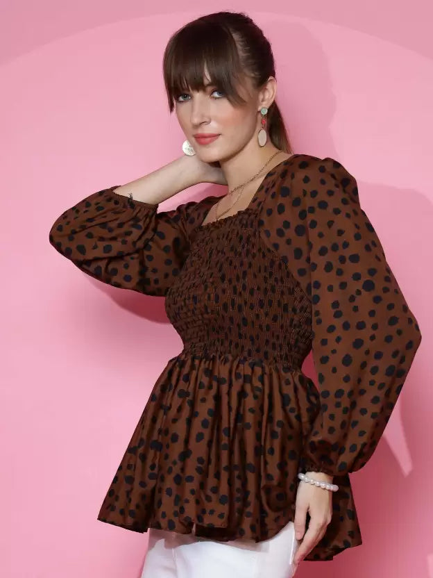 Brown Printed Peplum Top