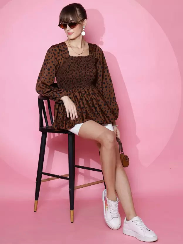 Brown Printed Peplum Top