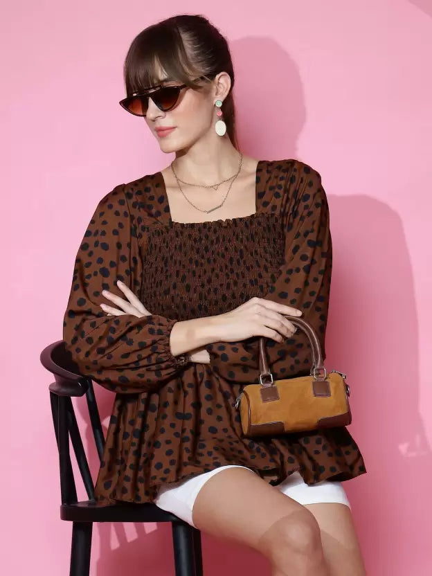 Brown Printed Peplum Top