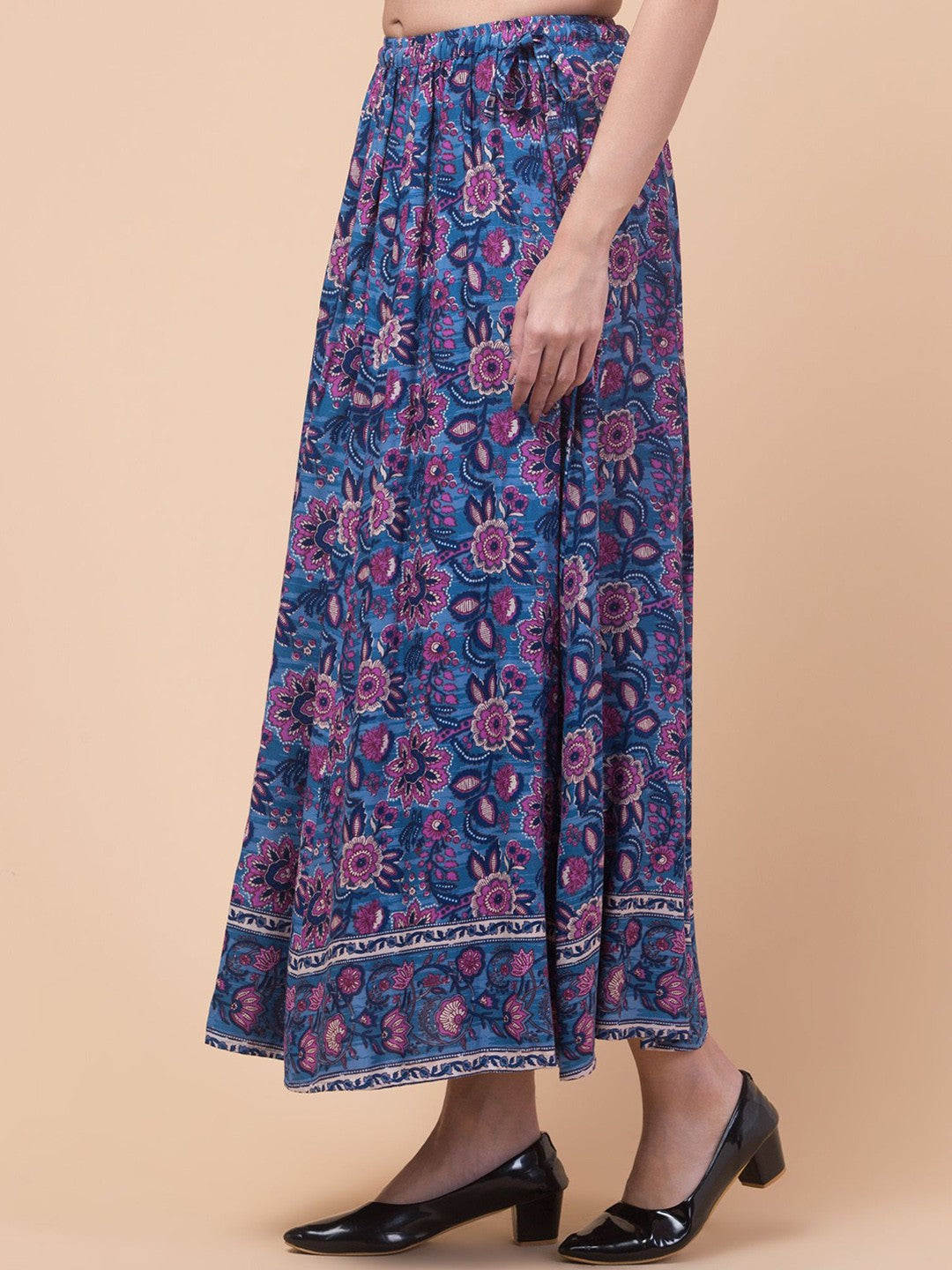 Blue Floral print Flared Maxi Skirt