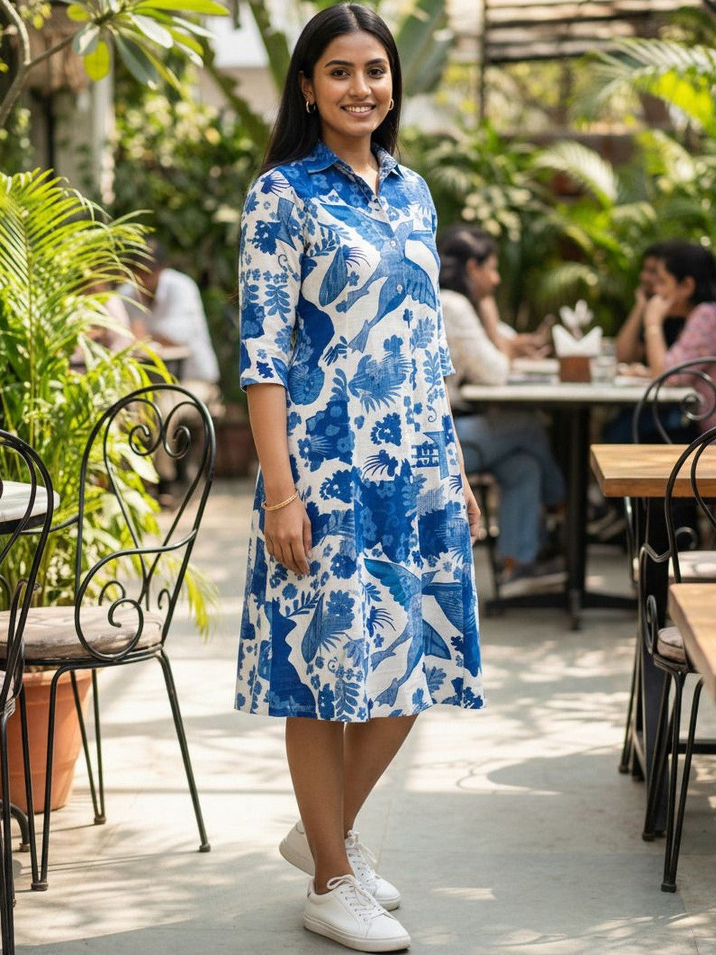 Blue Minimal Tropical Print Shirt Dress