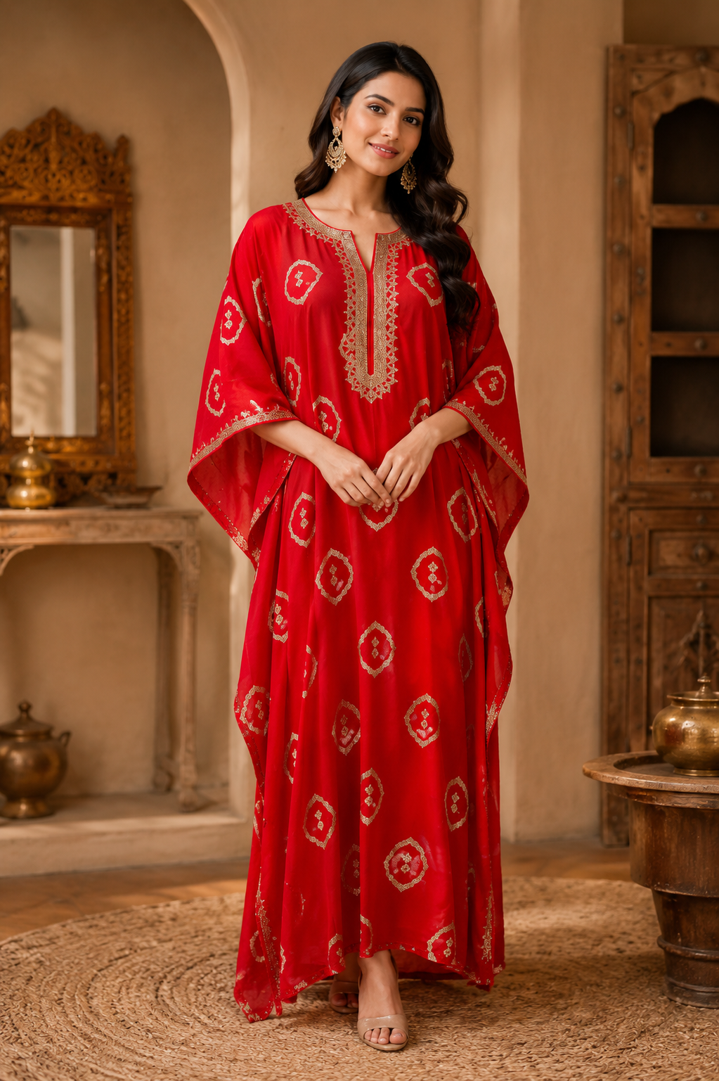 Red Embroidered Kaftan Dress