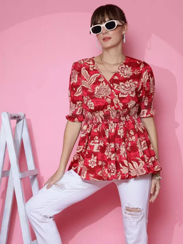 Red Printed Peplum Top