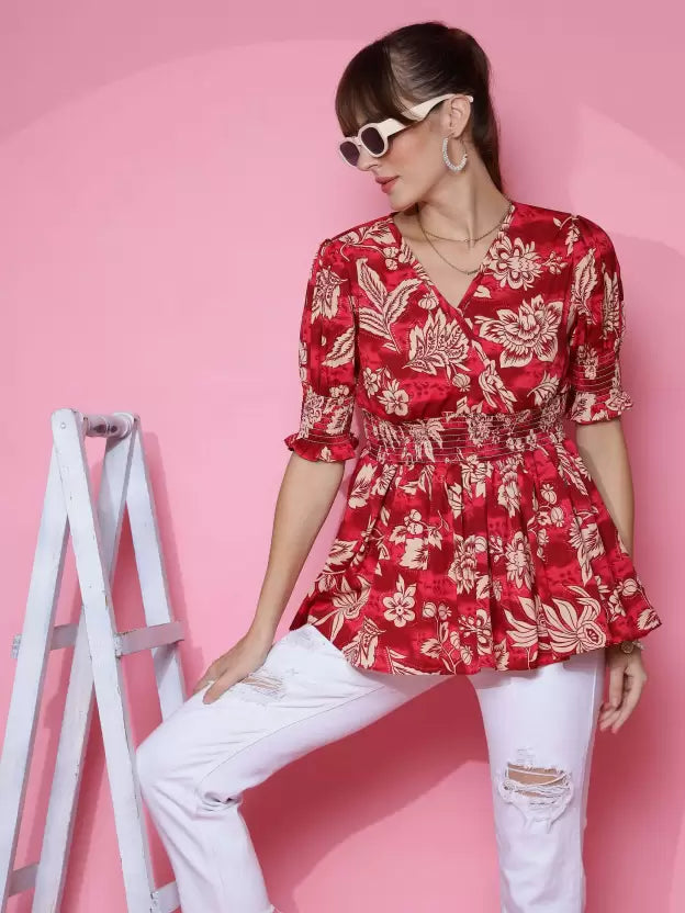 Red Printed Peplum Top