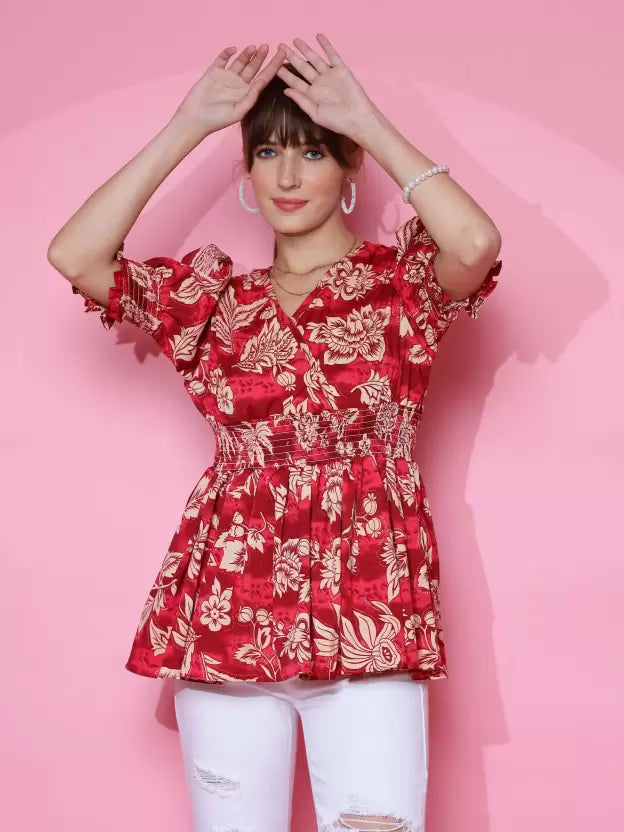 Red Printed Peplum Top