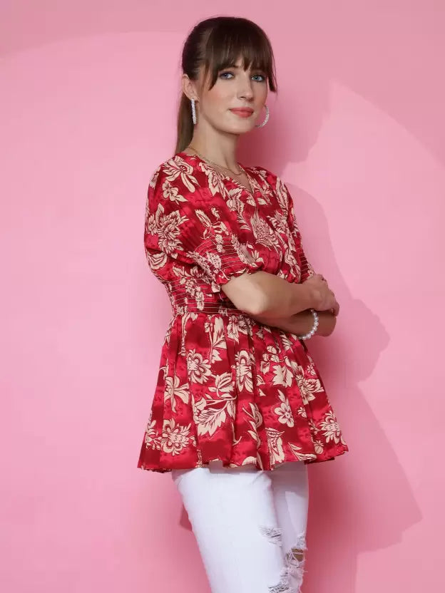 Red Printed Peplum Top