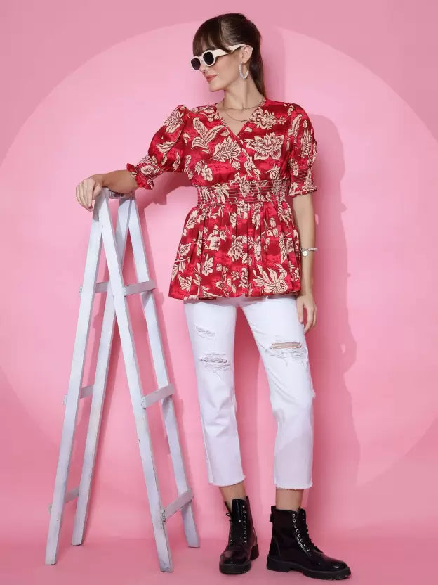 Red Printed Peplum Top