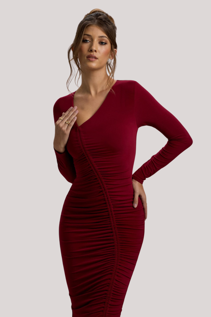 Maroon Luxe Long-Sleeve Bodycon Dress