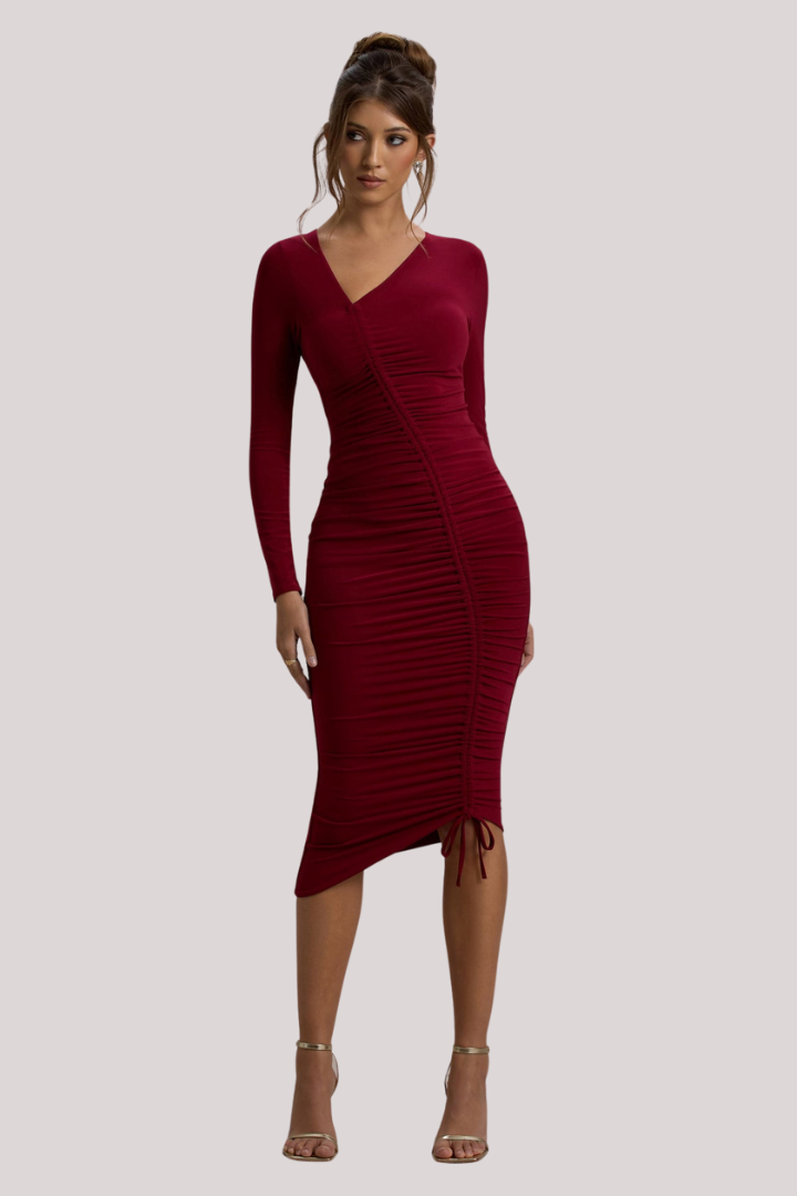 Maroon Luxe Long-Sleeve Bodycon Dress