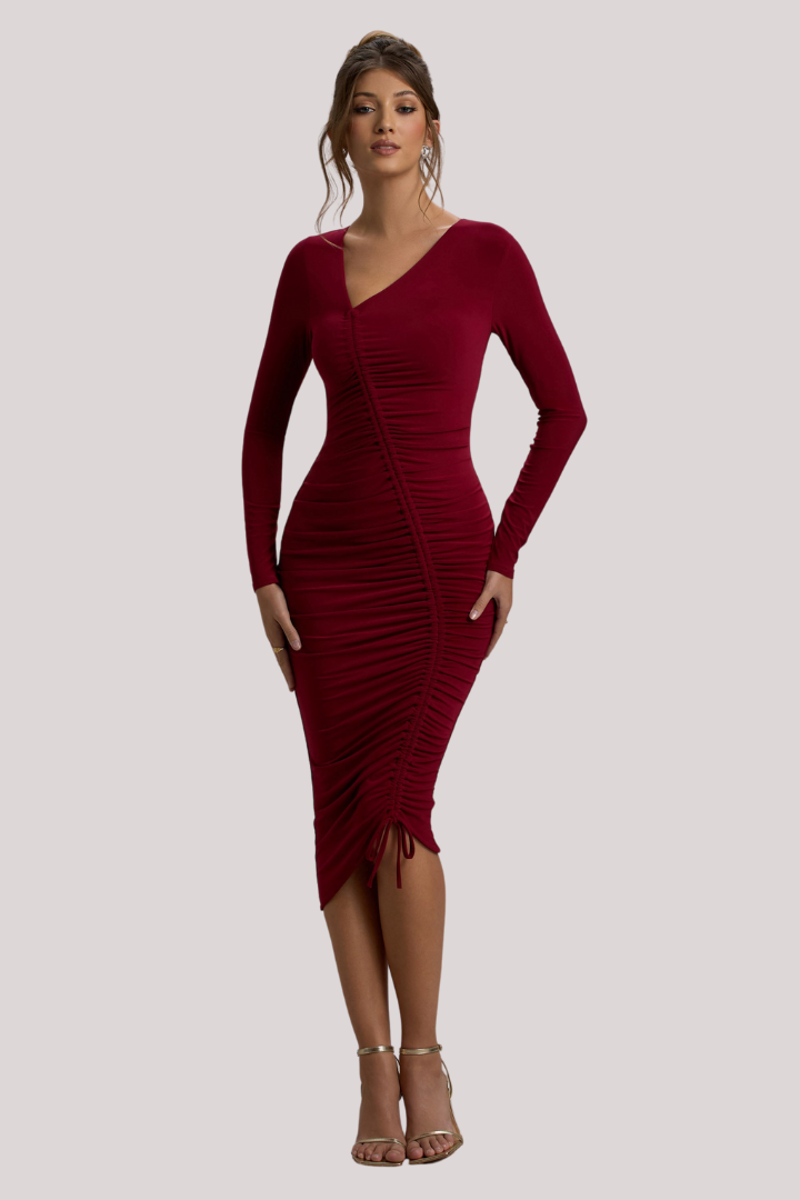 Maroon Luxe Long-Sleeve Bodycon Dress