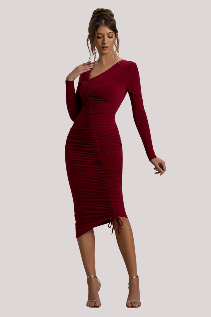 Maroon Luxe Long-Sleeve Bodycon Dress
