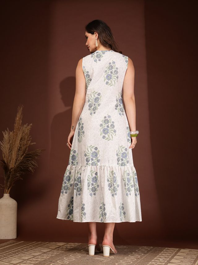 Elegant White Floral Print A-Line Maxi Dress