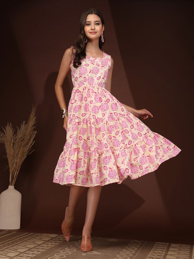 Minimal Pink Floral Cotton Midi Dress