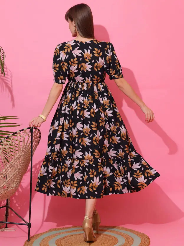 Noir Bloom Floral Midi Dress