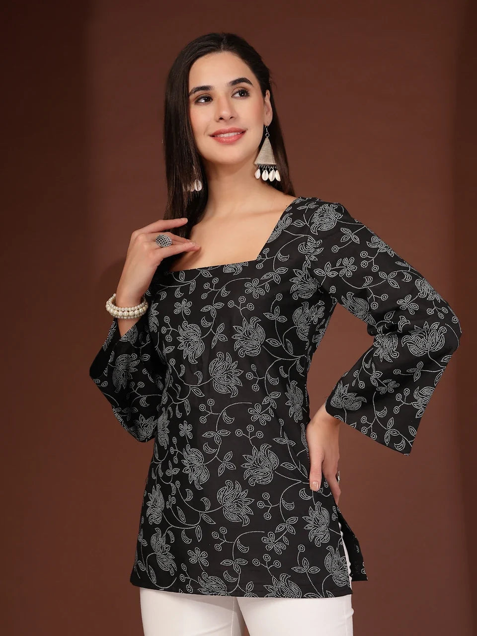 Black Blossom Floral Print Short Kurta