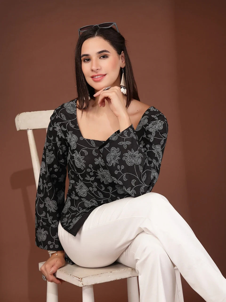 Black Blossom Floral Print Short Kurta