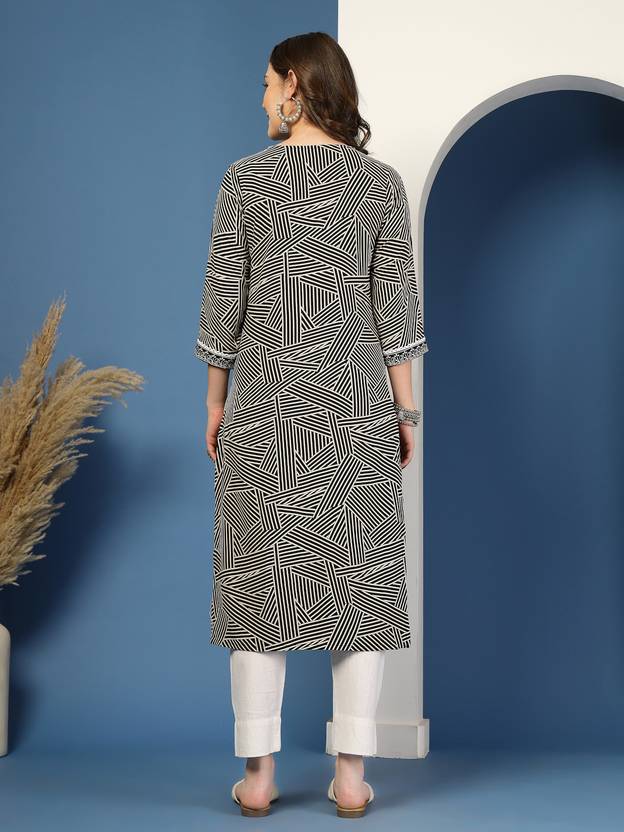 Black Blossom V-Neck Straight Kurta