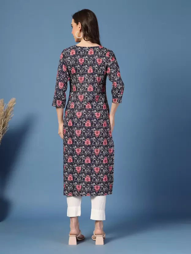 Trendy Blue Floral Tie-up Neck Kurta