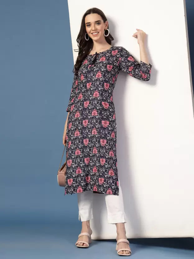 Trendy Blue Floral Tie-up Neck Kurta