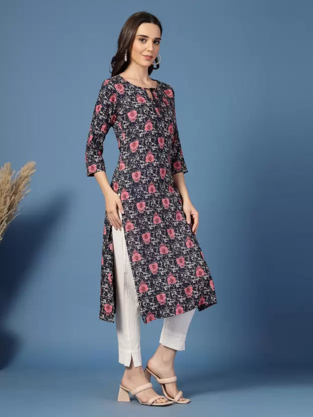 Trendy Blue Floral Tie-up Neck Kurta
