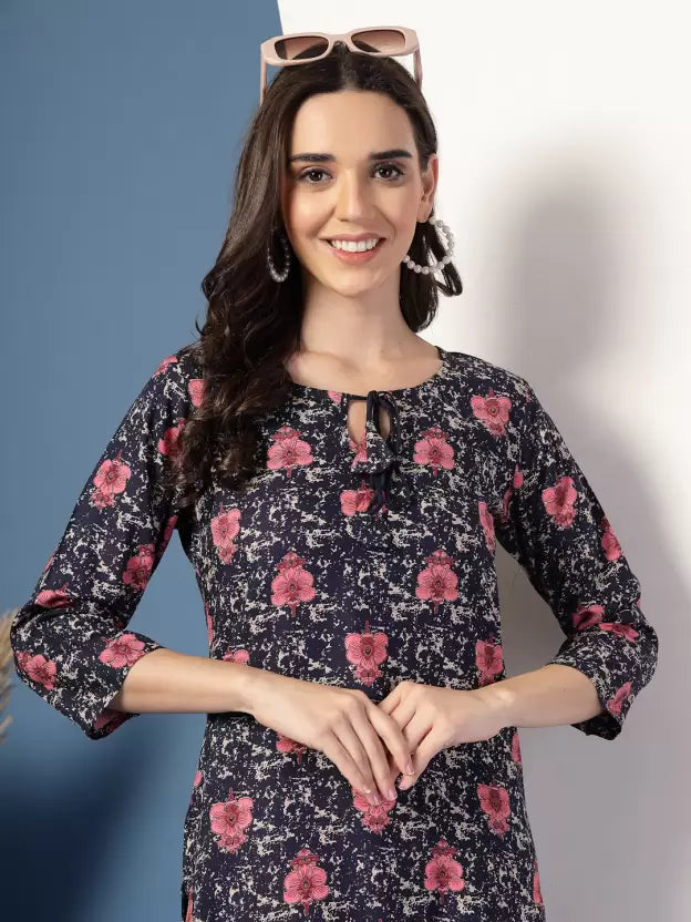 Trendy Blue Floral Tie-up Neck Kurta