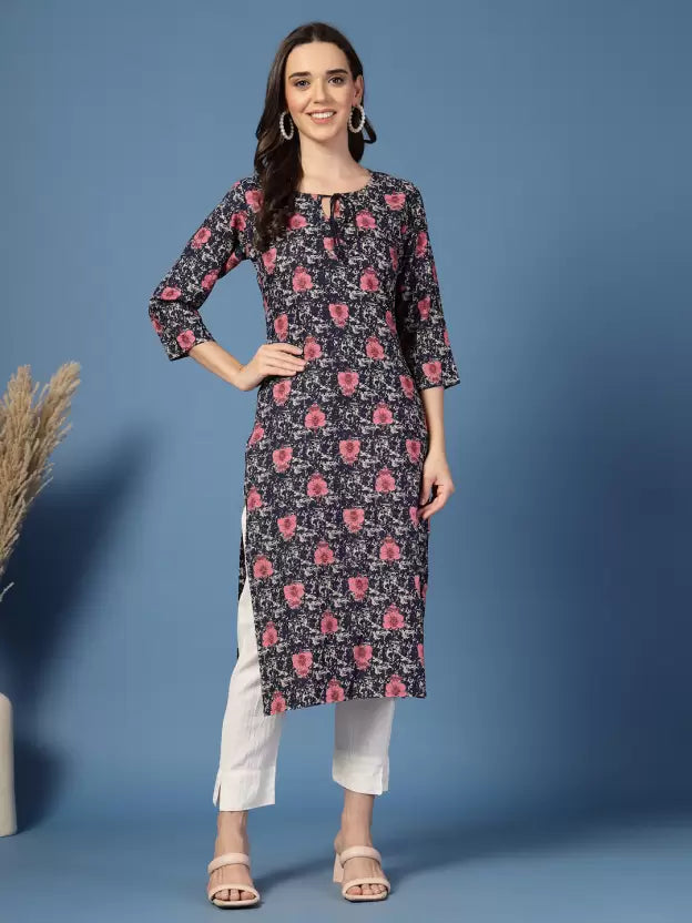 Trendy Blue Floral Tie-up Neck Kurta