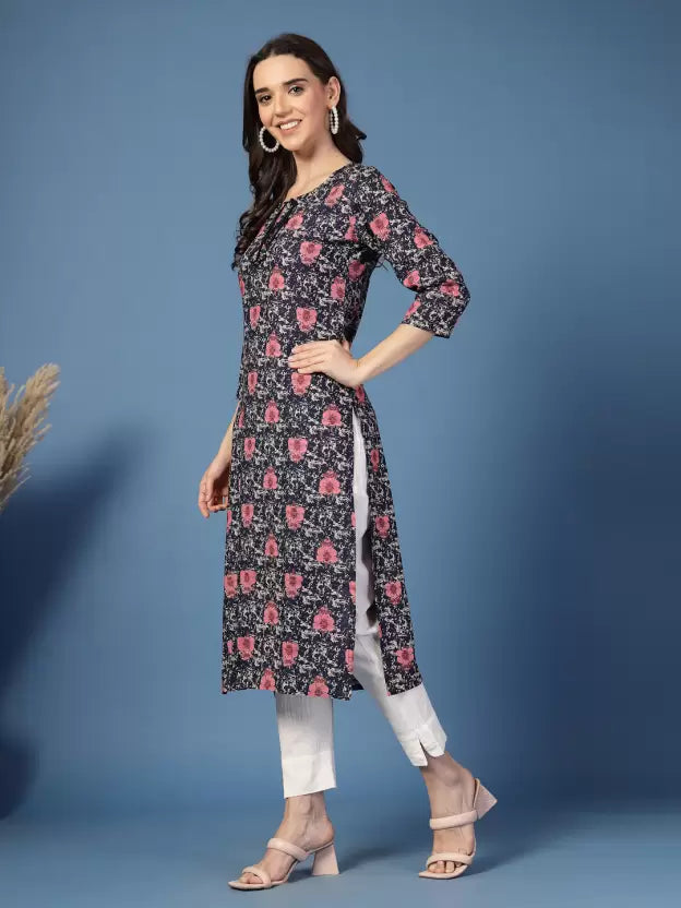 Trendy Blue Floral Tie-up Neck Kurta