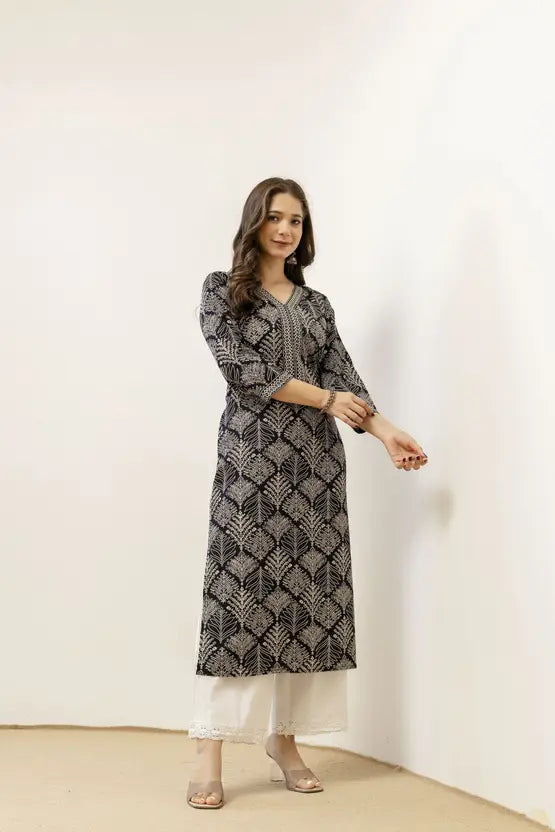 Noir Elegance Floral Straight Kurta