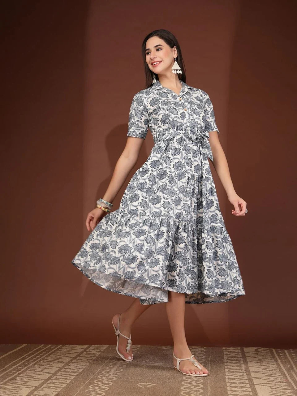 Blooming Grey Charm Midi Dress