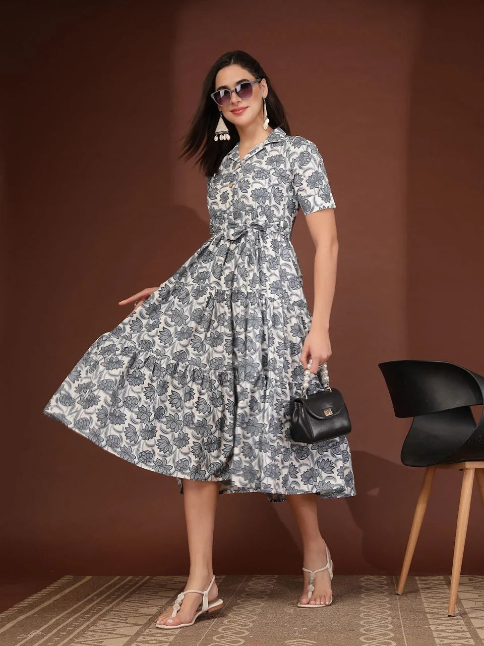 Blooming Grey Charm Midi Dress