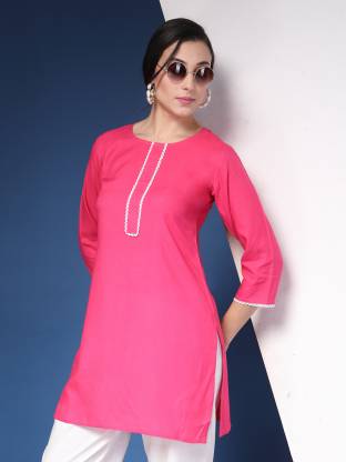 Pink Solid  Round Neck Straight Kurta
