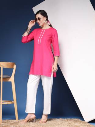 Pink Solid  Round Neck Straight Kurta