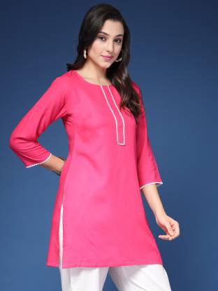 Pink Solid  Round Neck Straight Kurta