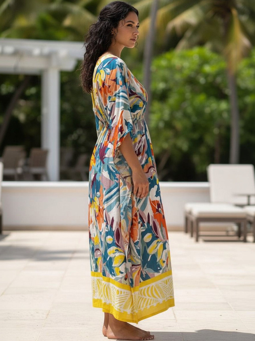 Yellow Abstract Print Kaftan Maxi Dress