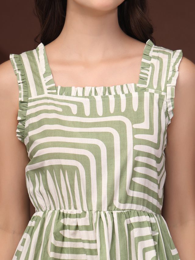 Emerald Bloom Geometric Print Midi Dress