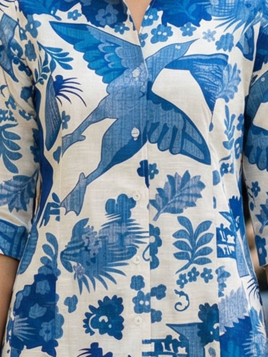 Blue Minimal Tropical Print Shirt Dress