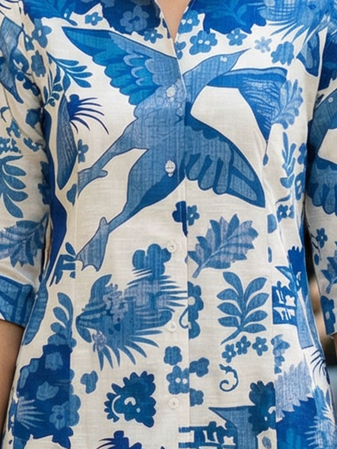 Blue Minimal Tropical Print Shirt Dress