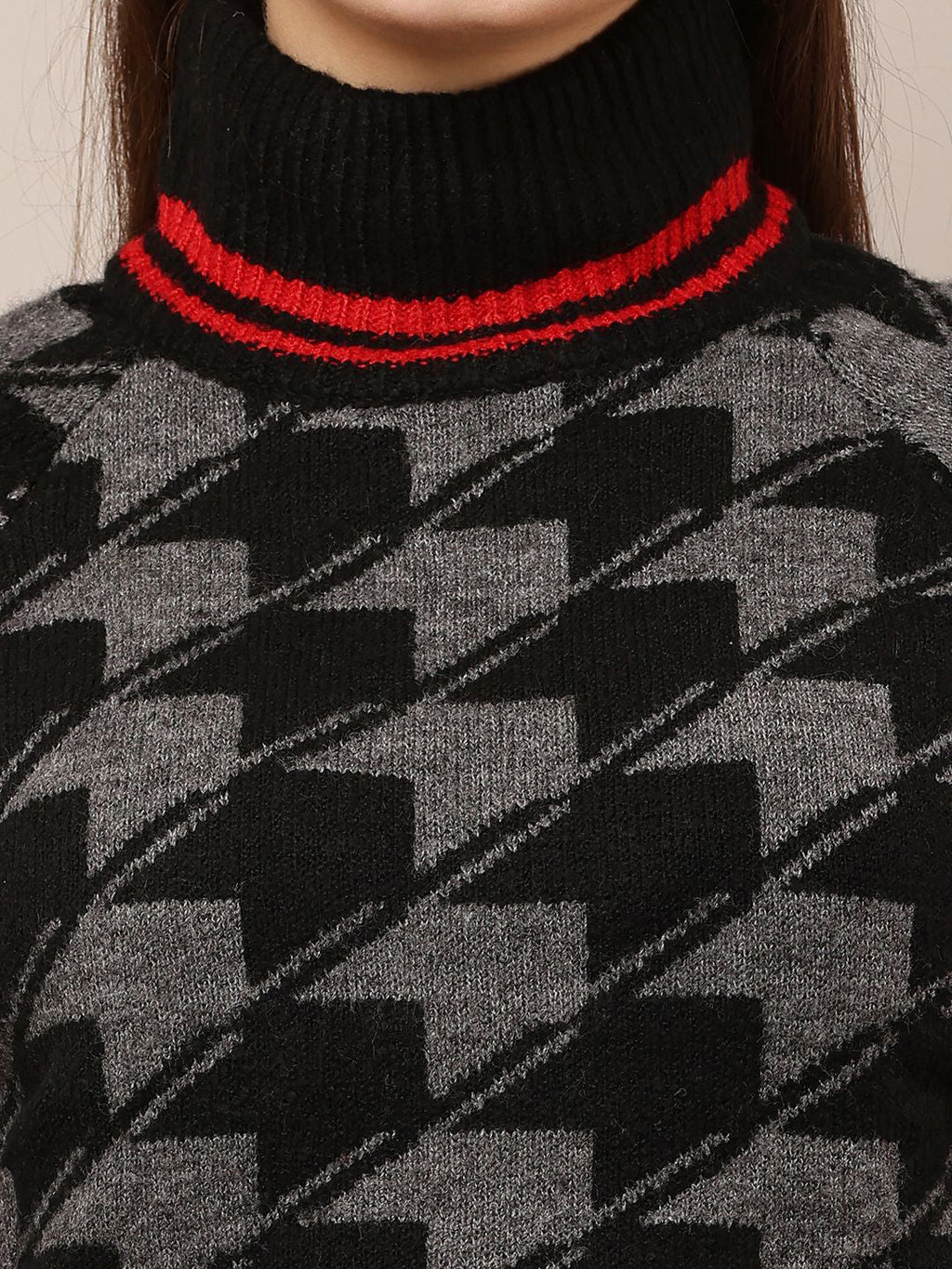 Black Classic High Neck Checked Pullover