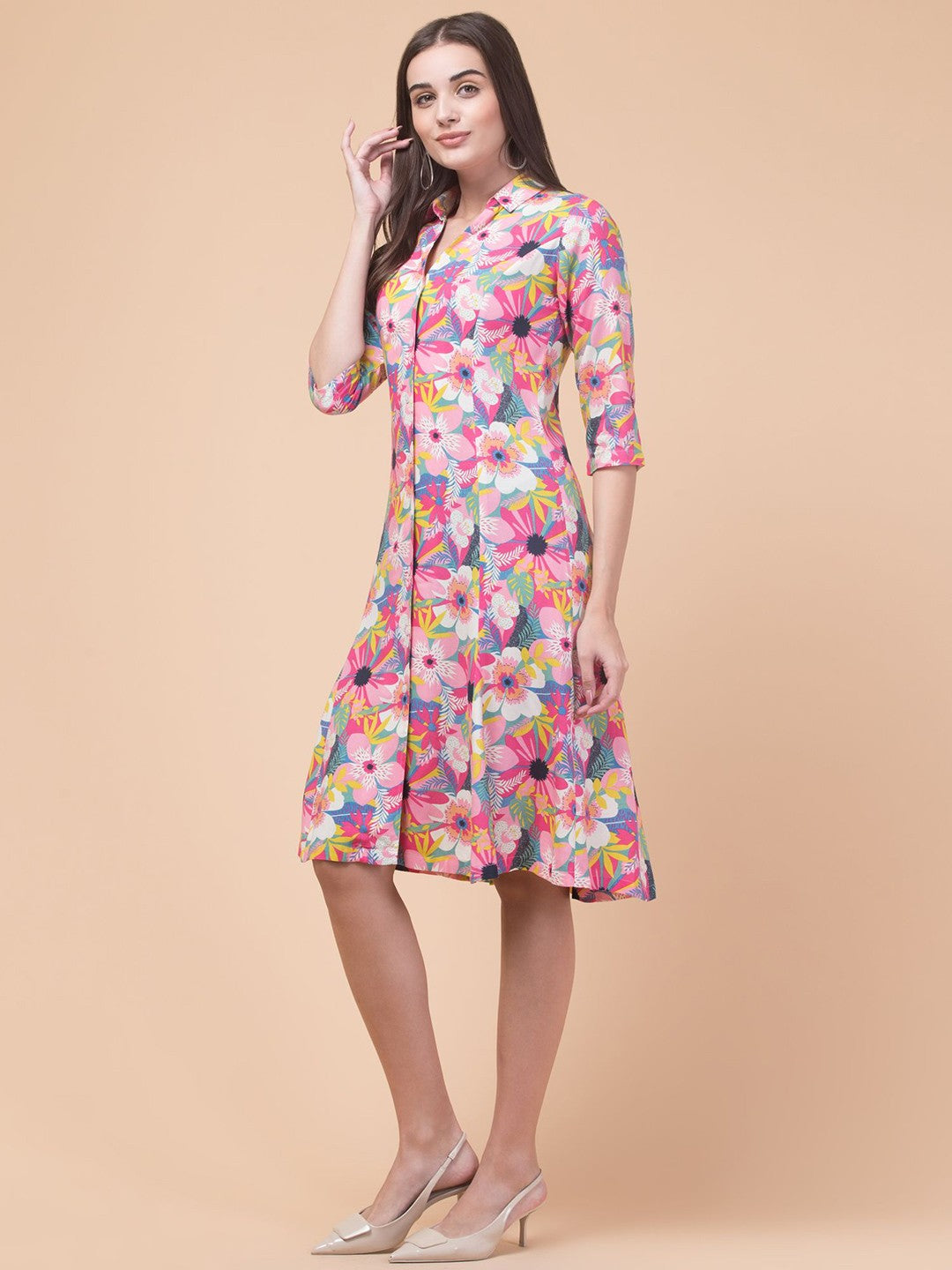 Chic Pink Elegant Shirt Midi Dress