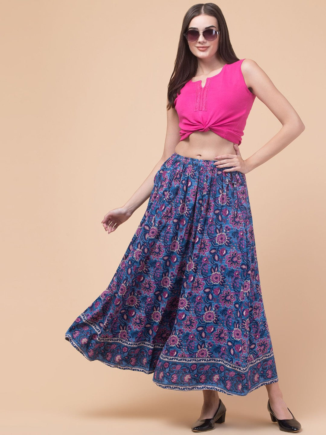 Blue Floral print Flared Maxi Skirt